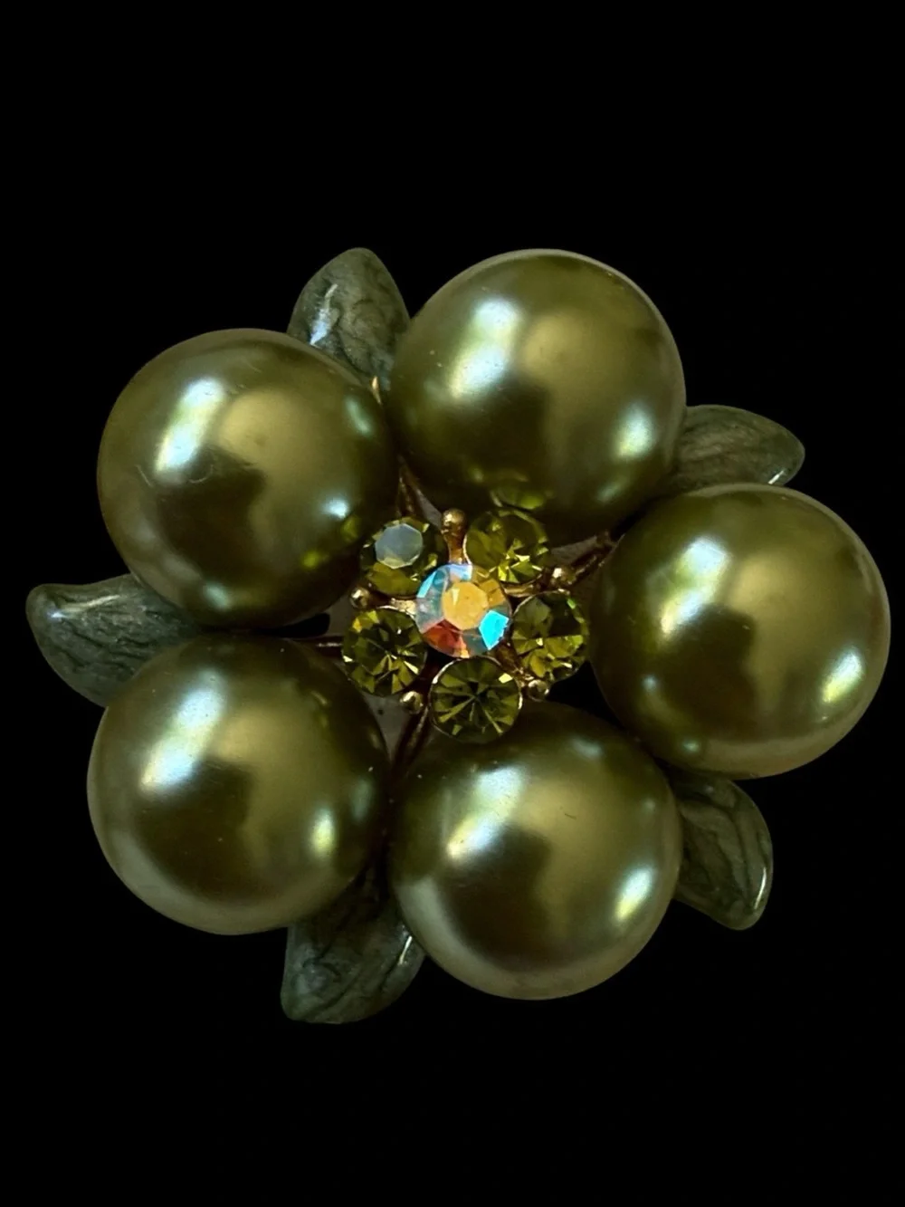 Vintage Faux Pearl & Enamel Floral Brooch • AB & Peridot Rhinestones - Picture 7 of 11